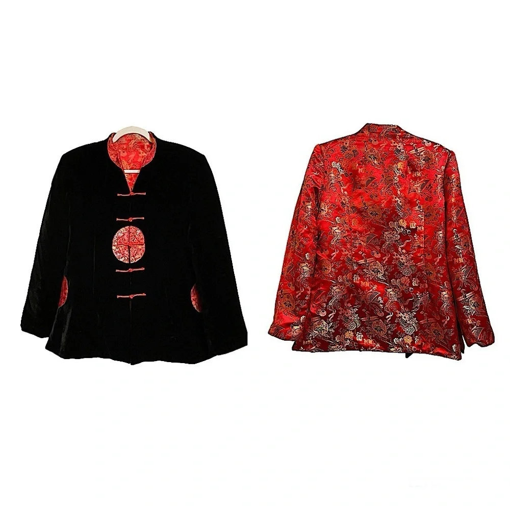 Beautiful Reversible Black Velvet to Red Asian Print Jacket Luxe Look Size M/L